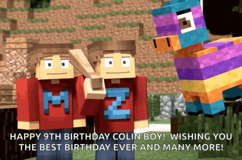Two Minecraft Characters Next To Piñata Saying Happy 9Th Birthday Colin Boy GIF