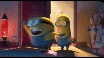 Two Minions Are Dancing In A Room In Front Of A Door . GIF