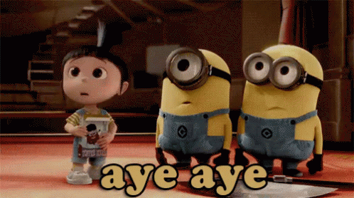 Two Minions Are Standing Next To A Little Girl Who Is Holding A Box That Says Toys R Us GIF