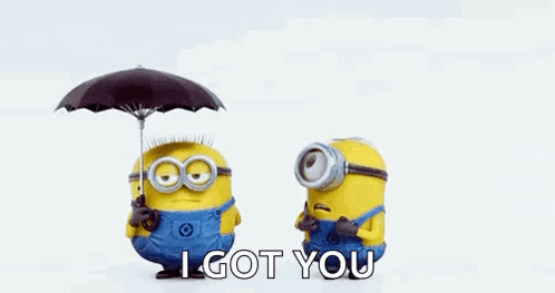 Two Minions Are Standing Under Umbrellas And One Of Them Is Holding An Umbrella That Says `` I Got You '' . GIF