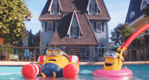 Two Minions Floating in Pool