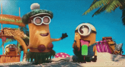 Two Minions In Front Of Banana Bar Sign GIF