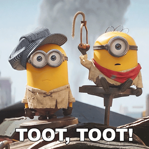 Two Minions Standing Next To Each Other With The Words Toot Toot GIF