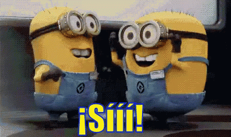 Two Minions Standing With ¡Siii! in Blue