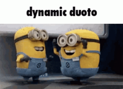 Two Minions Wearing Goggles Are Standing Next To Each Other And The Words Dynamic Duoto Are Above Them GIF