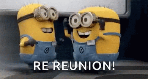 Two Minions Wearing Goggles Are Standing Next To Each Other With The Words `` Re Reunion '' . GIF