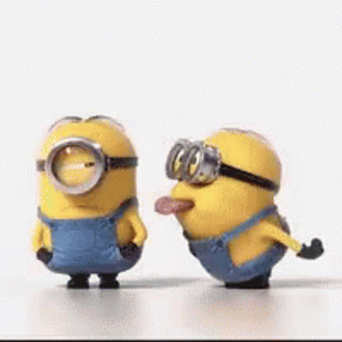 Two Minions Wearing Goggles Are Sticking Their Tongues Out While Standing Next To Each Other . GIF