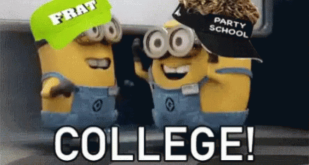 Two Minions With Party And Frat Hats GIF