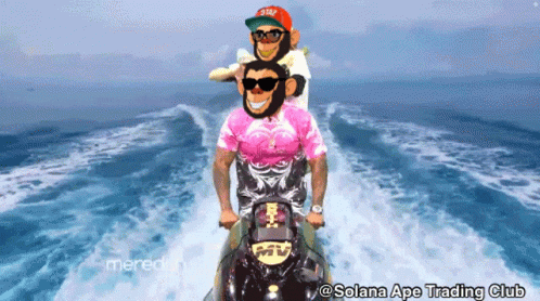 Two Monkeys Are Riding A Jet Ski In The Ocean With The Words Solana Ape Trading Club Below Them GIF