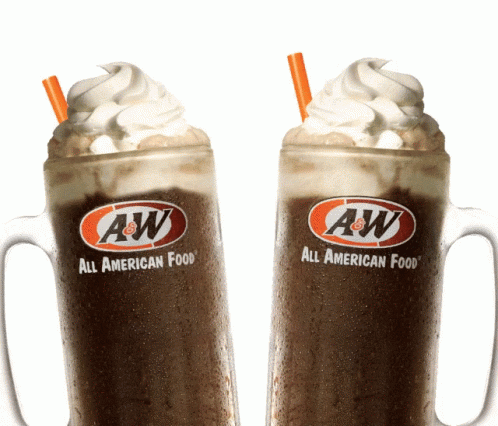 Two Mugs Of A&w All American Food With Whipped Cream And Straws GIF