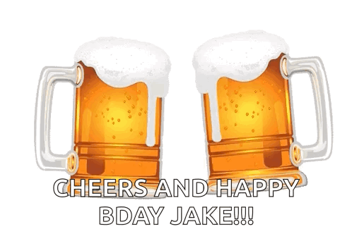 Two Mugs Of Beer With Foam On Top And The Words Cheers And Happy Bday Jake GIF