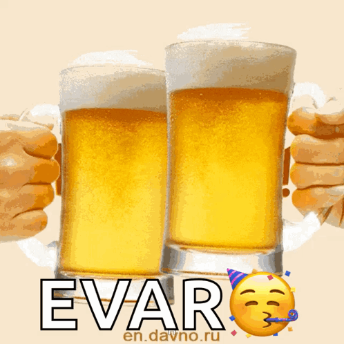 Two Mugs Of Beer With The Word Evar Written On The Bottom GIF
