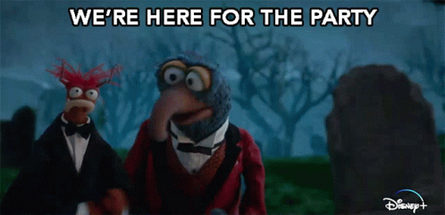 two muppets are standing in a cemetery with the words we 're here for the party behind them