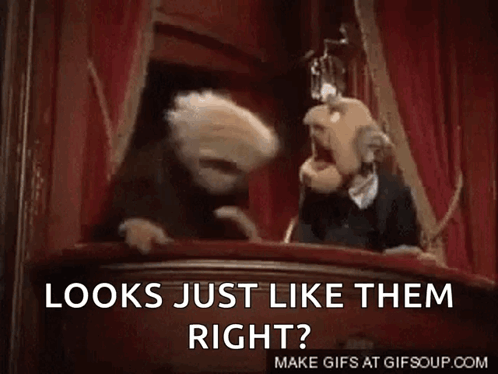 Two Muppets Are Standing On A Balcony Talking To Each Other And The Caption Says `` Looks Just Like Them Right '' . GIF