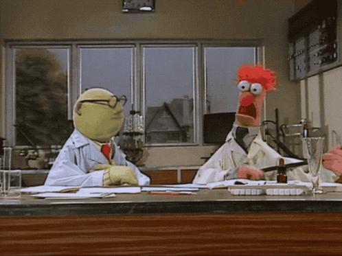 Two Muppets In Lab Coats Sit At A Desk GIF