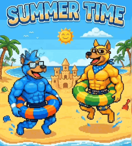 Two Muscular Dogs on Beach Summer Time Pixel Art