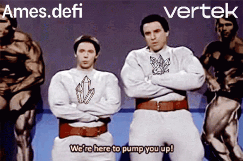 Two Muscular Men Are Standing Next To Each Other With The Words " We 'Re Here To Pump You Up " GIF