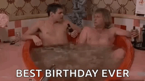 Two Naked Men in Bathtub Holding Beer