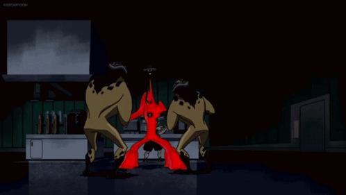 Two Naked Men Standing by Red Wall with Kidcartoon