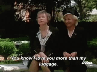 Two Older Women on Park Bench Saying You Know I Love You More Than My Luggage