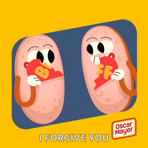 Two Oscar Mayer Sausages Holding Broken Heart Saying I Forgive You