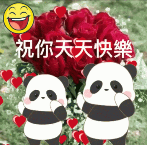 Two Panda Bears Are Standing In Front Of A Bouquet Of Red Roses And Hearts GIF