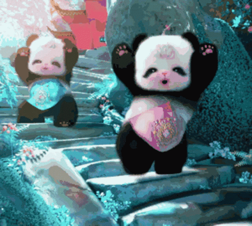 Two Panda Bears Are Standing On A Set Of Stairs With Their Hands In The Air GIF