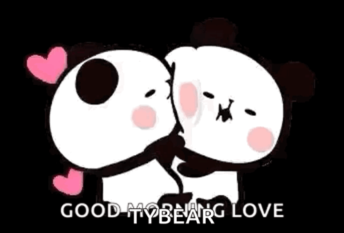 Two Panda Bears Hugging Each Other With Hearts On Their Heads And The Words `` Good Morning Love '' . GIF