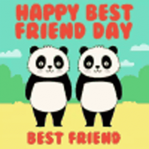 Two Panda Bears Standing Next To Each Other On A Happy Best Friend Day Card . GIF
