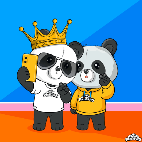 Two Panda Bears Wearing Pandapaws Shirts Pose For A Selfie GIF