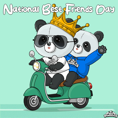 Two Panda Bears Wearing Sunglasses And A Crown Are Riding A Green Scooter GIF