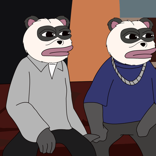 Two Pandas Sitting Together One in Blue Shirt