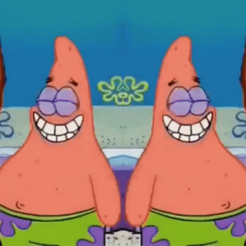 Two Patrick Star Characters From Spongebob Squarepants Are Standing Next To Each Other And Smiling GIF