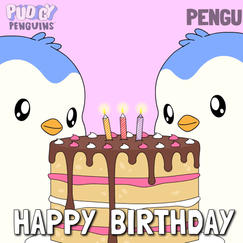 Two Penguins Are Celebrating A Birthday With A Cake With Candles On It GIF