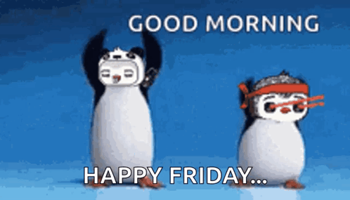 Two Penguins Are Dancing In Front Of A Blue Background With The Words Good Morning Happy Friday . GIF