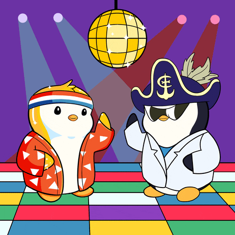Two Penguins Are Dancing In Front Of A Disco Ball And One Has An Anchor On His Hat GIF
