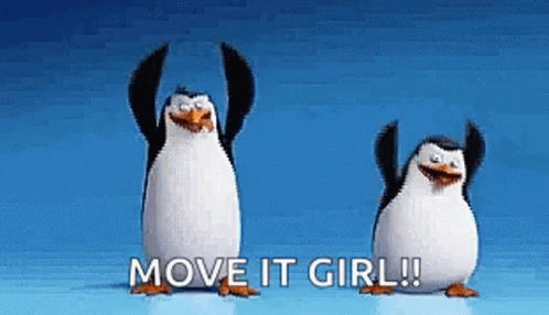 Two Penguins Are Dancing With Their Arms In The Air And The Words Move It Girl Below Them . GIF