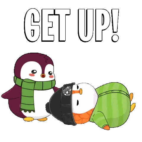 two penguins are hugging each other with the words get up written above them