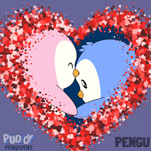 Two Penguins Are Kissing In A Heart Made Of Hearts And The Word Pengu Is On The Bottom GIF