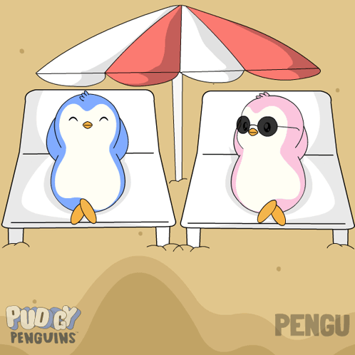 two penguins are laying on a beach under an umbrella and the word pengu is on the bottom right