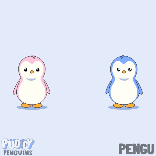 two penguins are making a heart shape with their hands and the name pengu is on the bottom