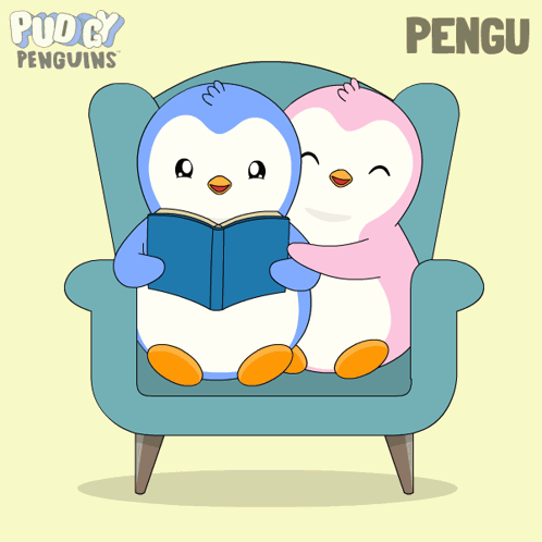 Two Penguins Are Sitting On A Couch Reading A Book With The Word Pengu On The Bottom GIF