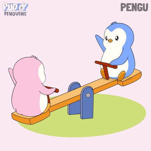 Two Penguins Are Sitting On A Seesaw With The Words Puddy Penguins Behind Them GIF
