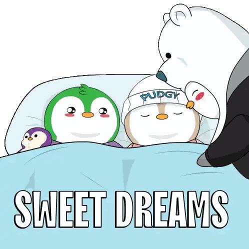 two penguins are sleeping in a bed with the words sweet dreams written below them
