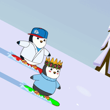 Two Penguins Are Snowboarding Down A Snow Covered Slope GIF