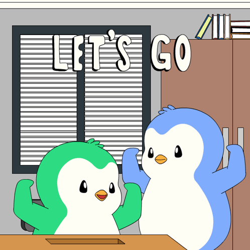Two Penguins Are Standing In Front Of A Window That Says " Let 'S Go " GIF