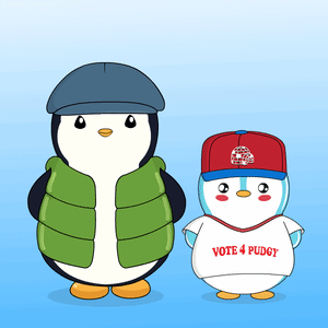 Two Penguins Are Standing Next To Each Other And One Is Wearing A Vote 4 Puddy Shirt GIF