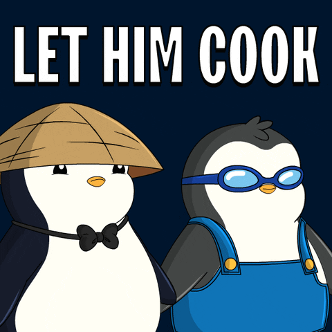 Two Penguins Are Standing Next To Each Other And The Words Let Him Cook Are Above Them GIF
