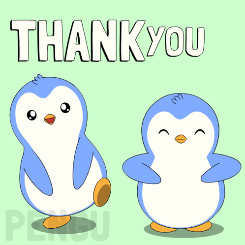 Two Penguins Are Standing Next To Each Other With The Words Thank You Above Them GIF
