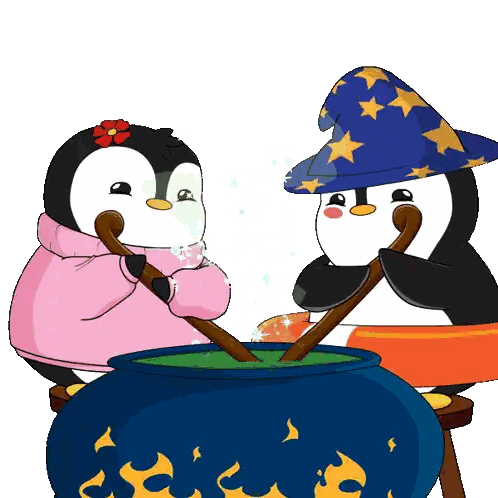 two penguins are stirring a cauldron with wooden sticks